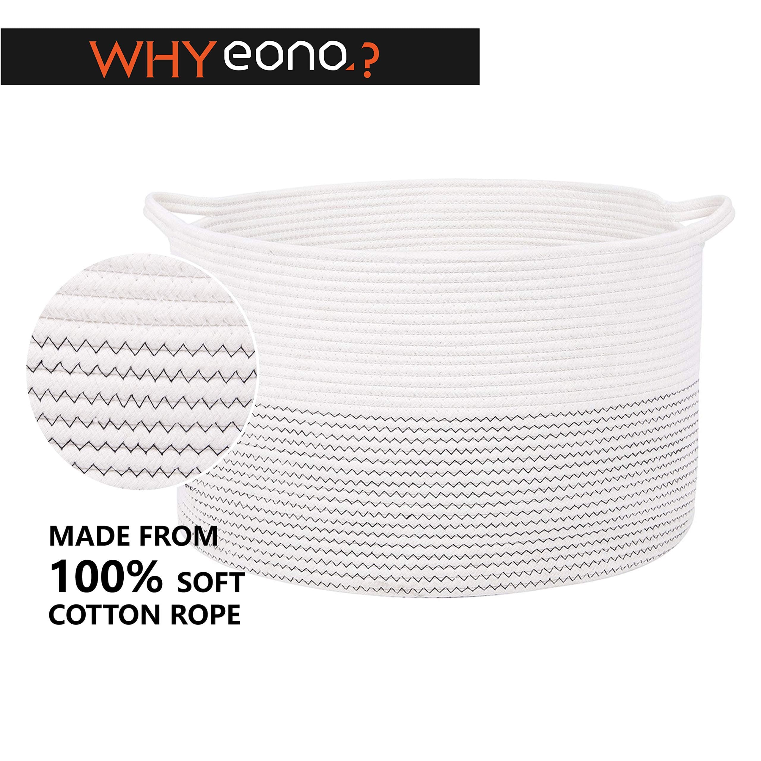 Eono Amazon Brand XX-Large Storage Baskets -21.7 Inches(D) x 13.8 Inches(H)- Cotton Rope Basket Woven Baby Laundry Basket with Handle for Diaper Toy Cute Neutral Home Decor (White, XXL)