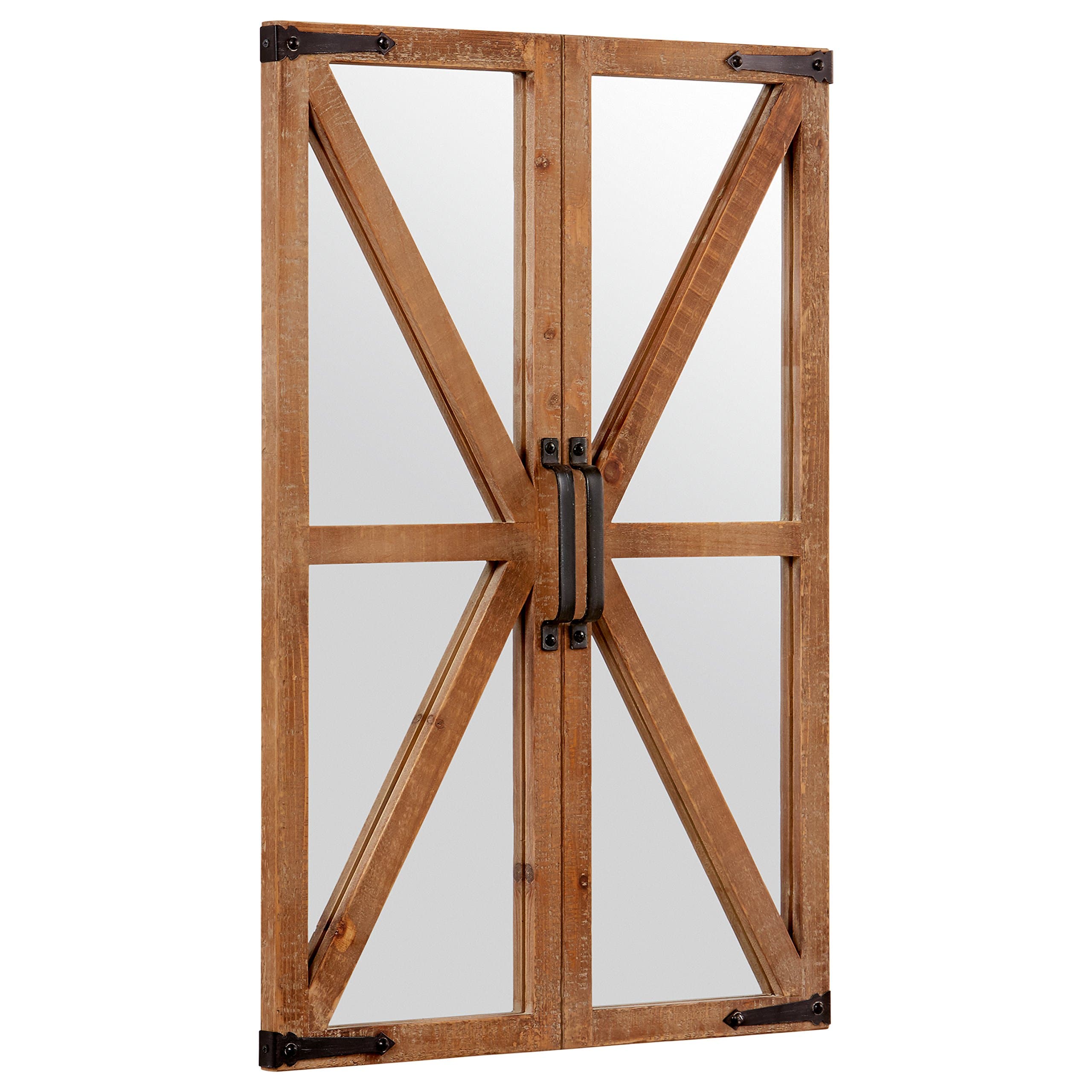Amazon Brand – Stone & Beam Rustic Wood and Iron Barn Door Hanging Wall Mirror Decor, 30 Inch Height, Natural