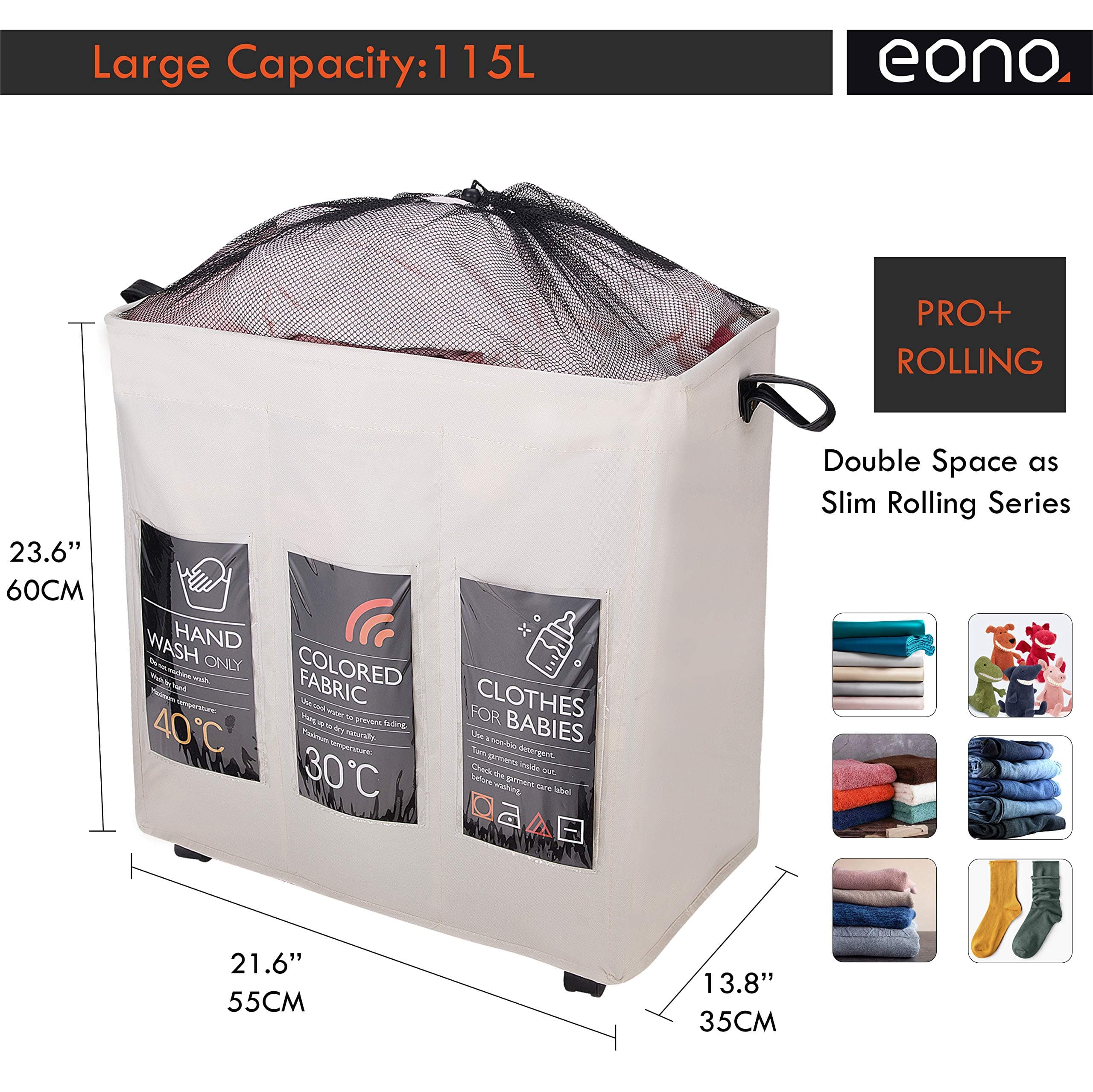 Eono Amazon Brand Large Foldable Laundry Baskets with Wheel, Foldable Laundry Bags, Clothes Bag, x-large