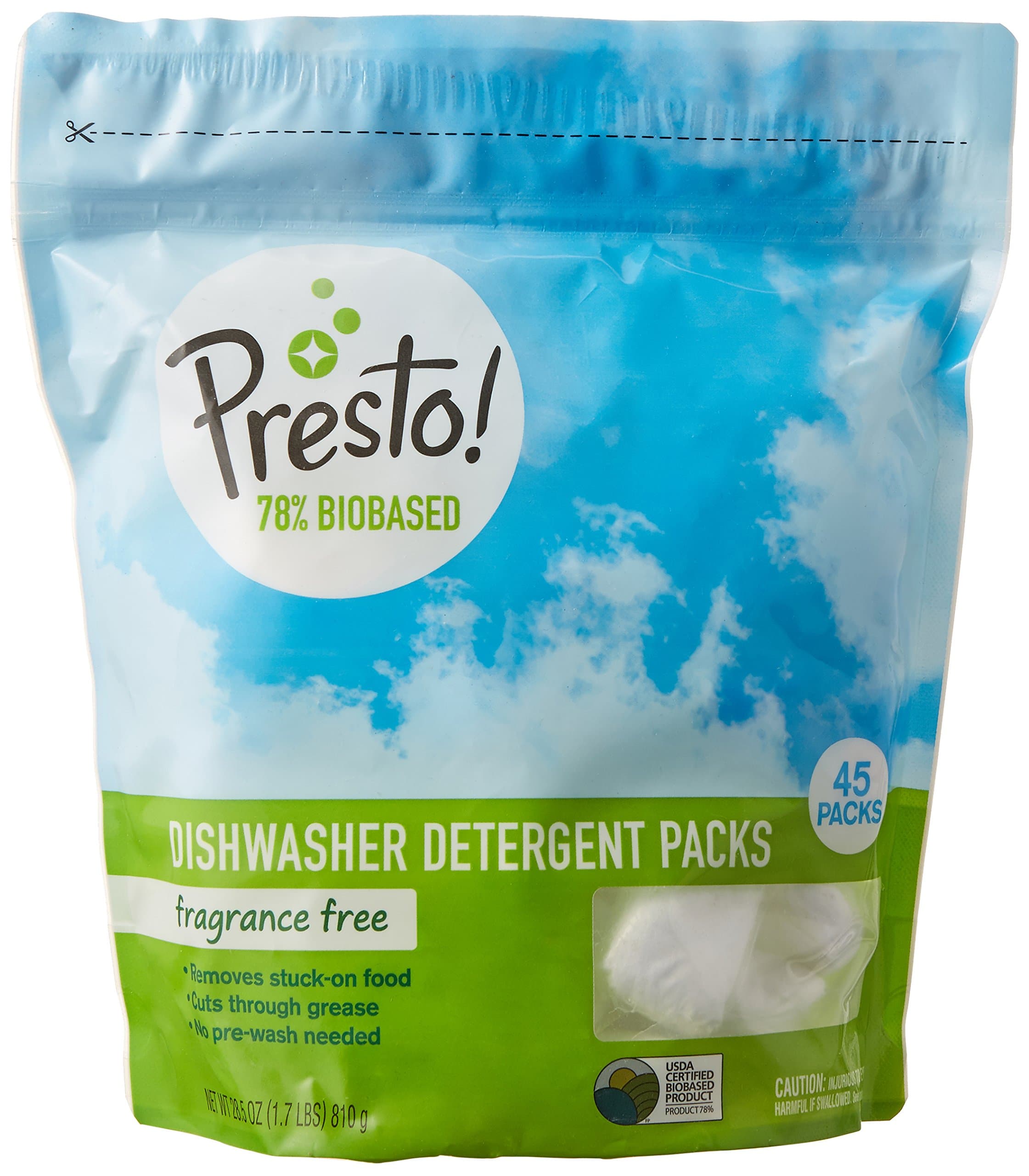 Amazon Brand - Presto! 78% Biobased Dishwasher Detergent Packs, 90 count, Fragrance Free (2 pack, 45 ct each)