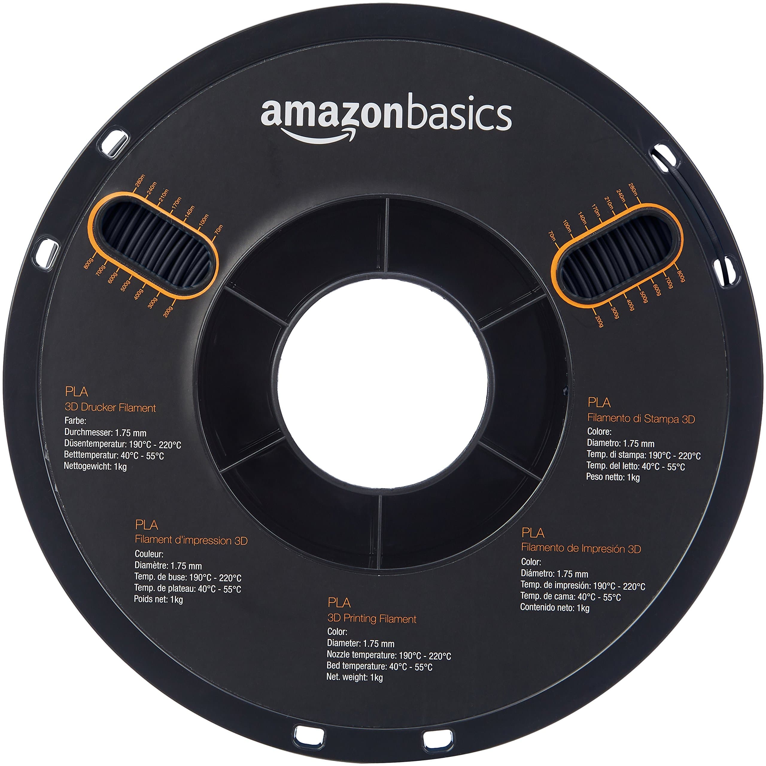 AmazonBasics PLA 3D Printer Filament, 1.75mm, Black, 1 kg Spool