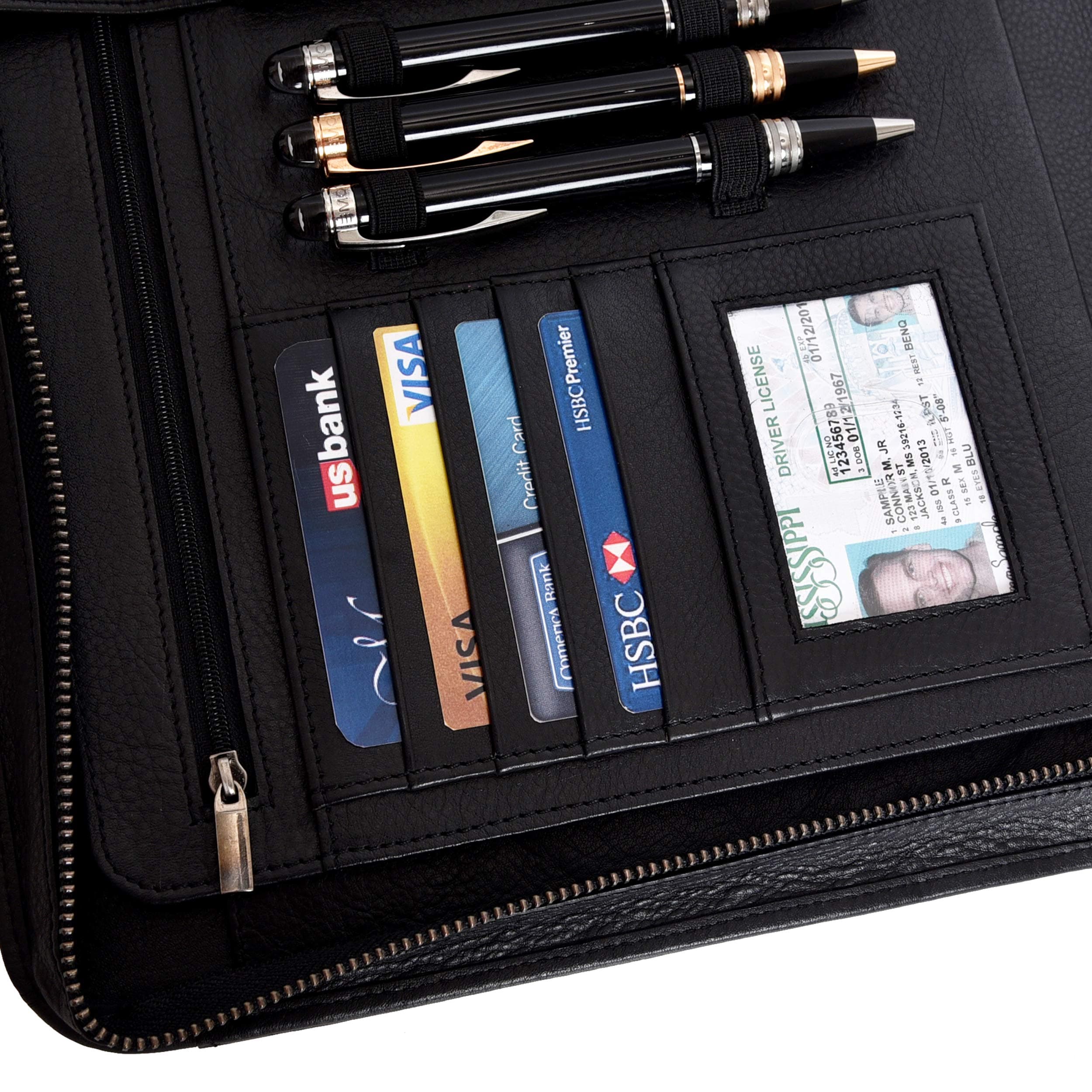 Leather-Portfolio for Men and Women - Genuine Leather Professional Zippered Padfolio, Multi-Pocket Folder with Laptop Sleeve, Mobile and Card Holders (Black Nappa)