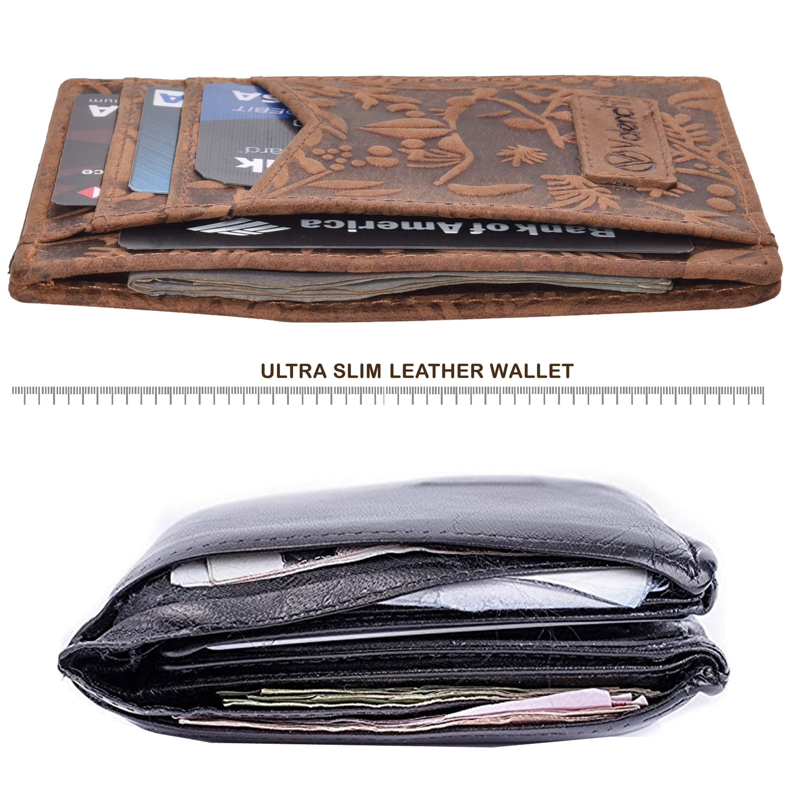 Valenchi - Front Pocket Minimalist RFID Wallet for Men and Women with Multi Card Slots,Note Pocket and ID Window (Cognac Hunter Flower)