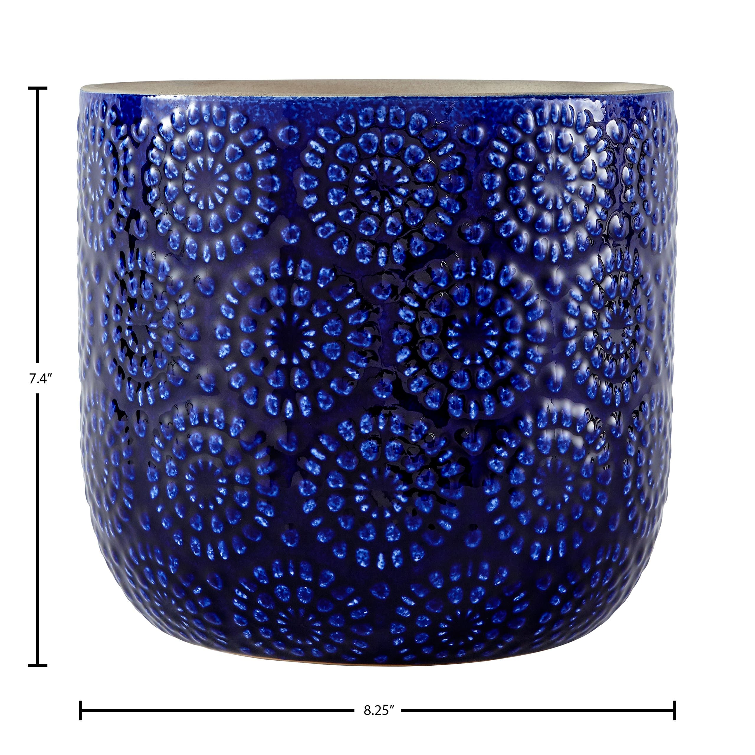 Amazon Brand – Stone & Beam Modern Ceramic Floral Embossed Decorative Planter Flower Pot, 7.4"H, Blue