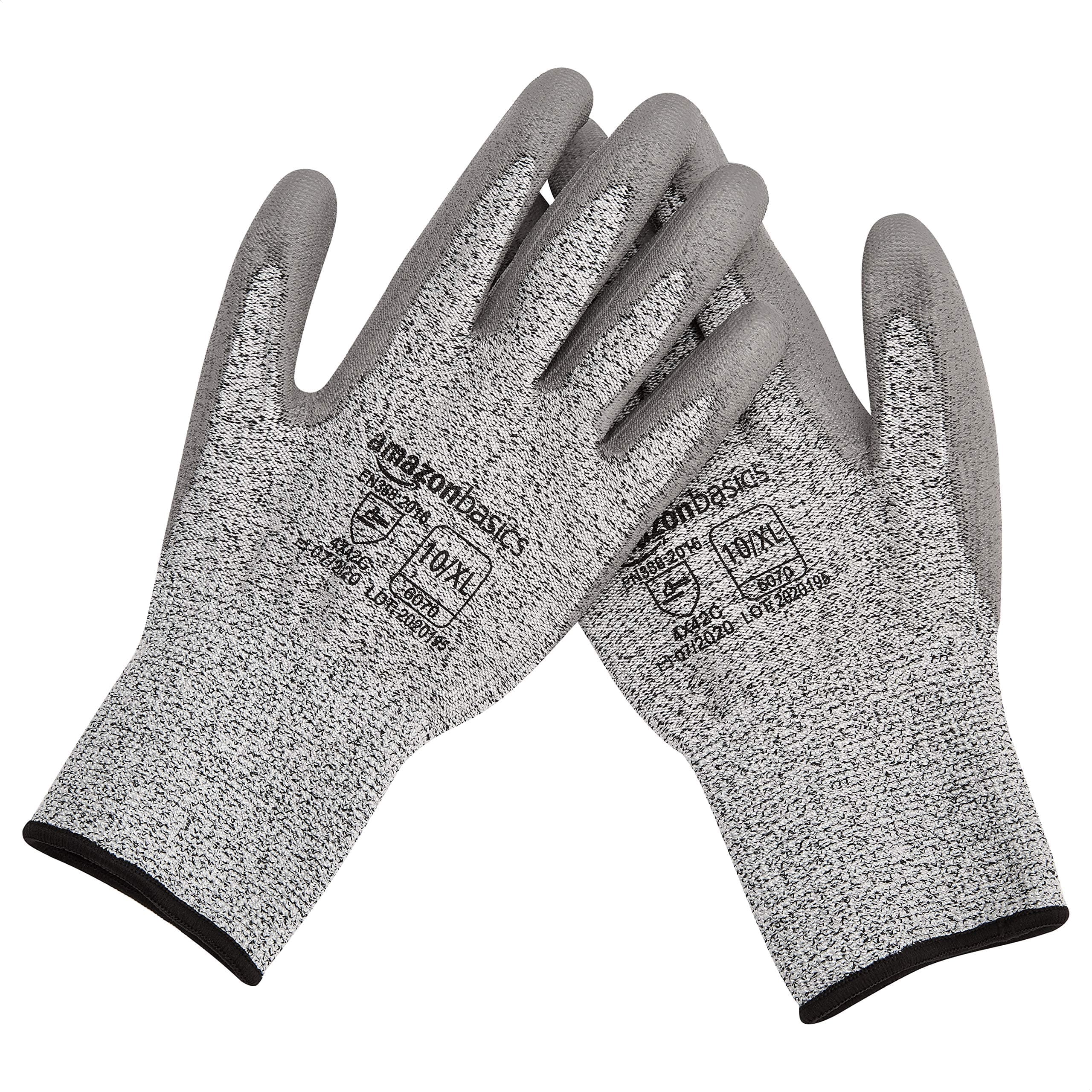 AmazonBasics Cut-Resistant Work Gloves, Cut Level A2, Polyurethane Coated Gloves, Touch Screen, Salt and Pepper, Size 10, XL, 6-Pairs