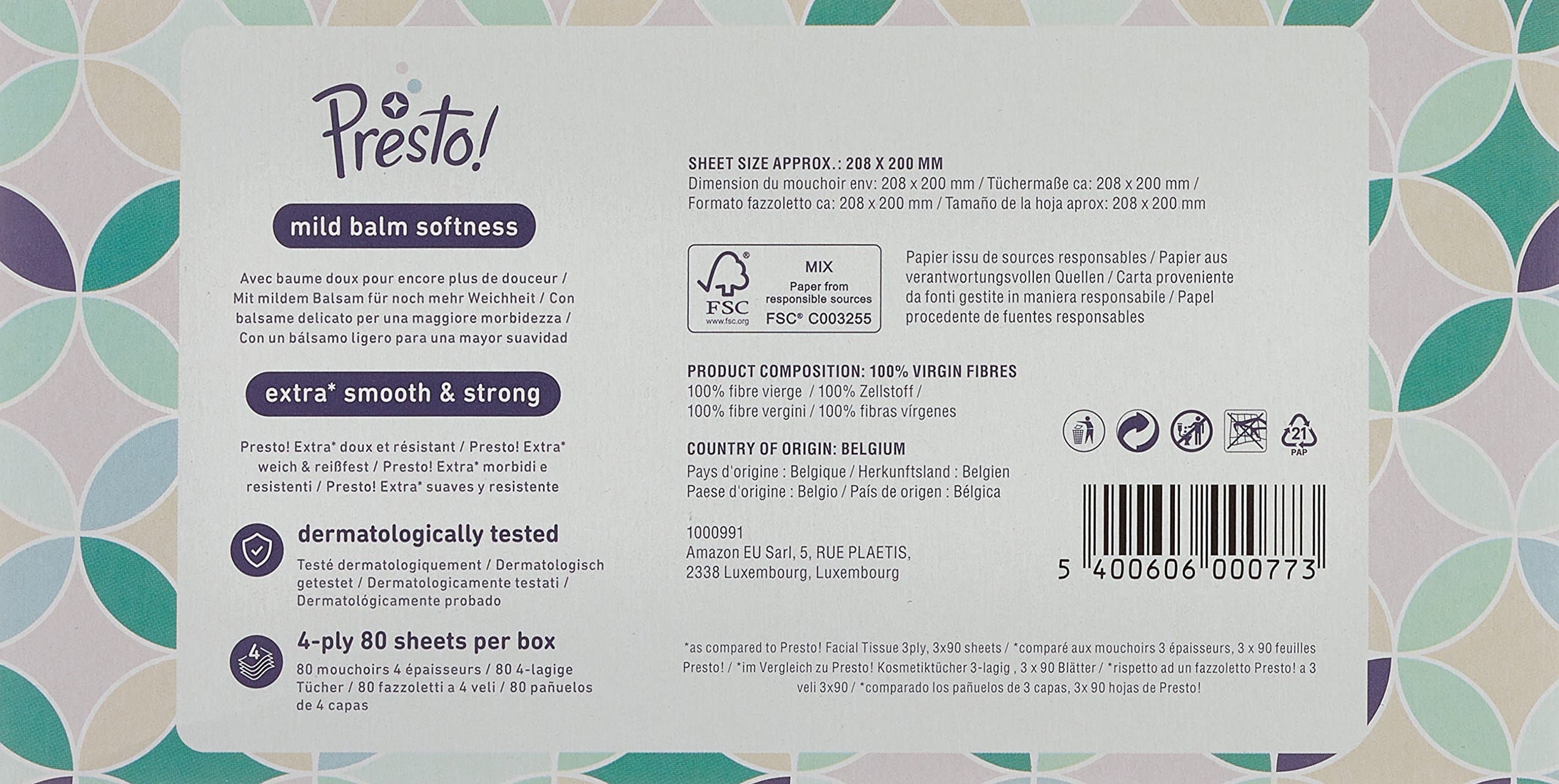 Amazon Brand - Presto! 4-Ply Facial Tissues with Mild Balm, 12 Pack (12 x 80 Tissues)