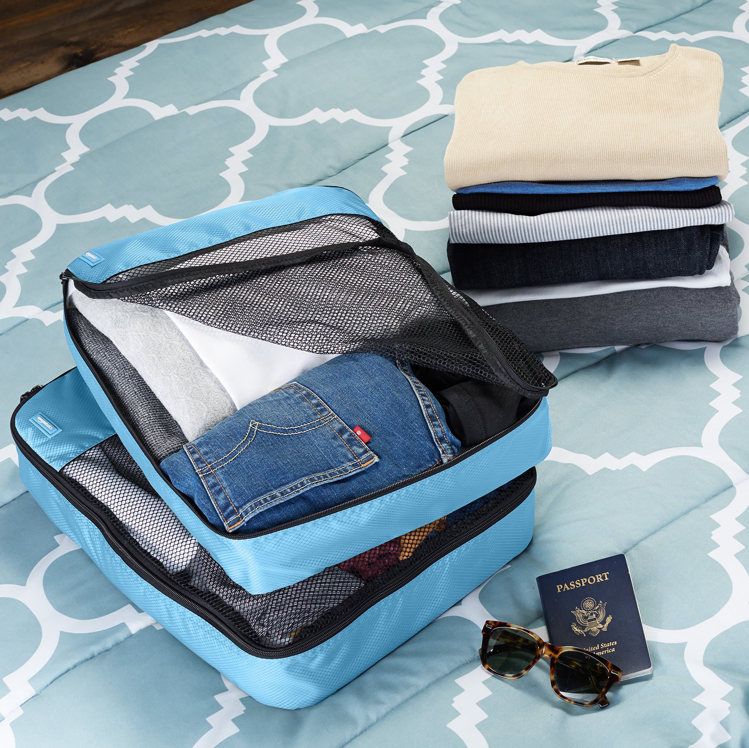 AmazonBasics 4 Piece Packing Travel Organizer Cubes Set - Large, Sky Blue