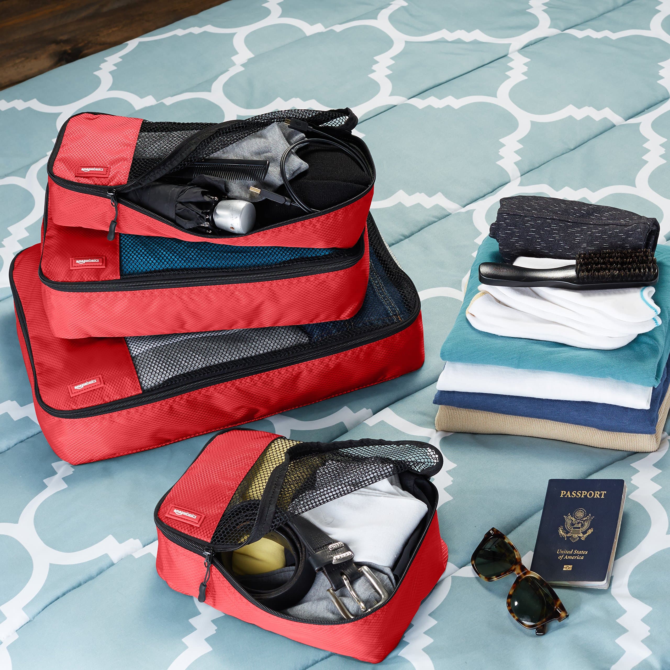 AmazonBasics Packing Cubes/Travel Pouch/Travel Organizer - Small, Medium, Large, and Slim, Red (4-Piece Set)