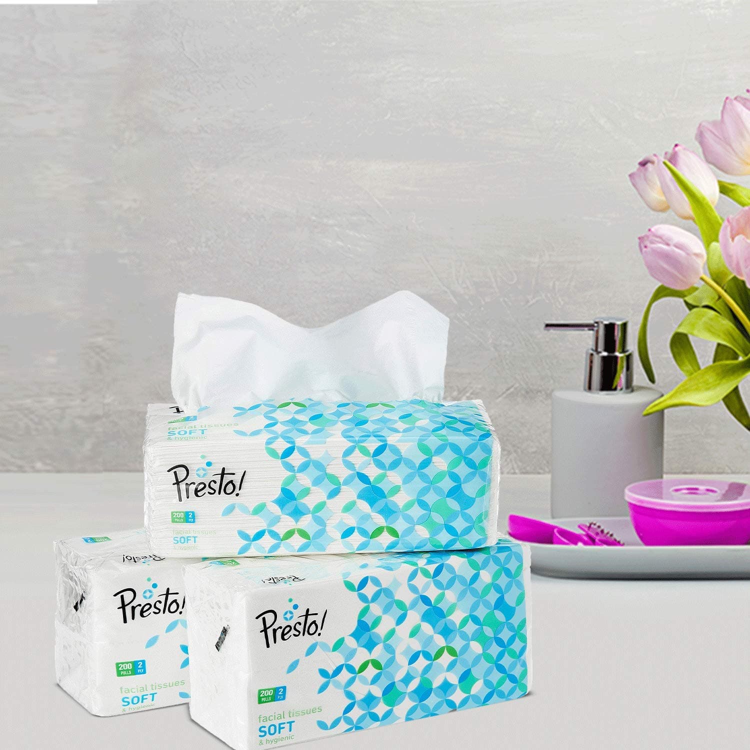 Amazon Brand - Presto! 2 Ply Facial Tissue Soft Poly Pack - 200 Pulls (Pack of 3)