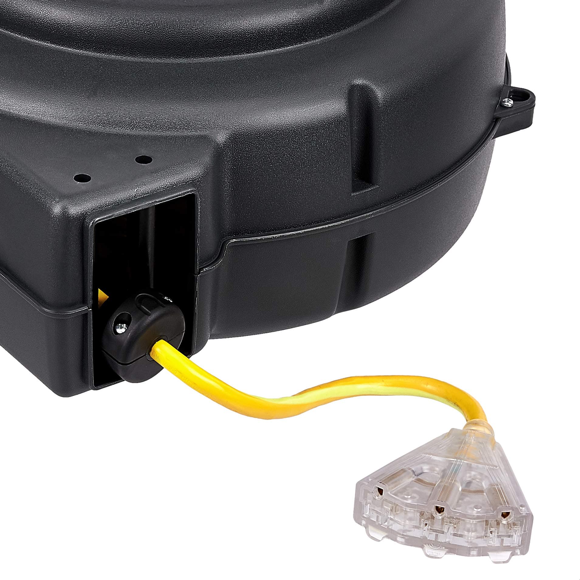 AmazonCommercial Heavy Duty Extension Cord Reel, Retractable 12AWG x 80' Industrial Grade 3C/SJT Glow Strip Cable and LED Triple Tap Connector Power Rating 15A 125VAC 1875W 60Hz