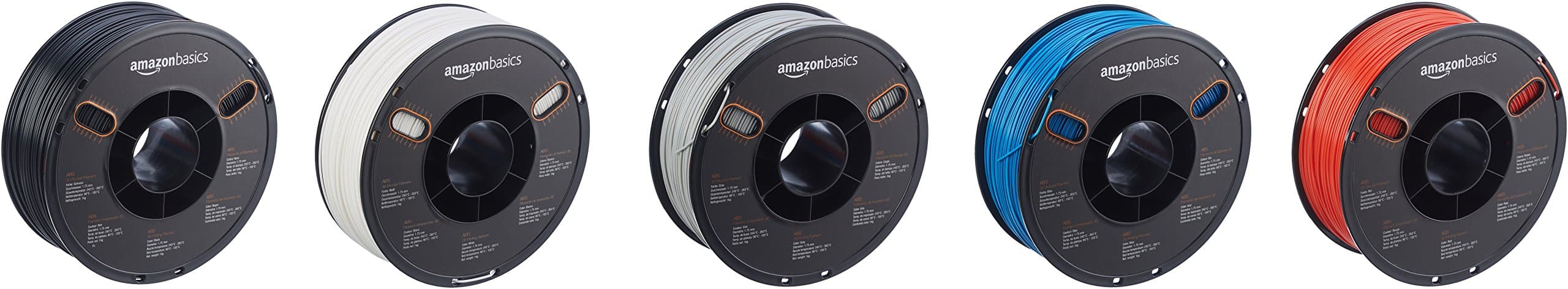 AmazonBasics ABS 3D Printer Filament, 1.75mm, 5 Assorted Colors, 1 kg per Spool, 5 Spools
