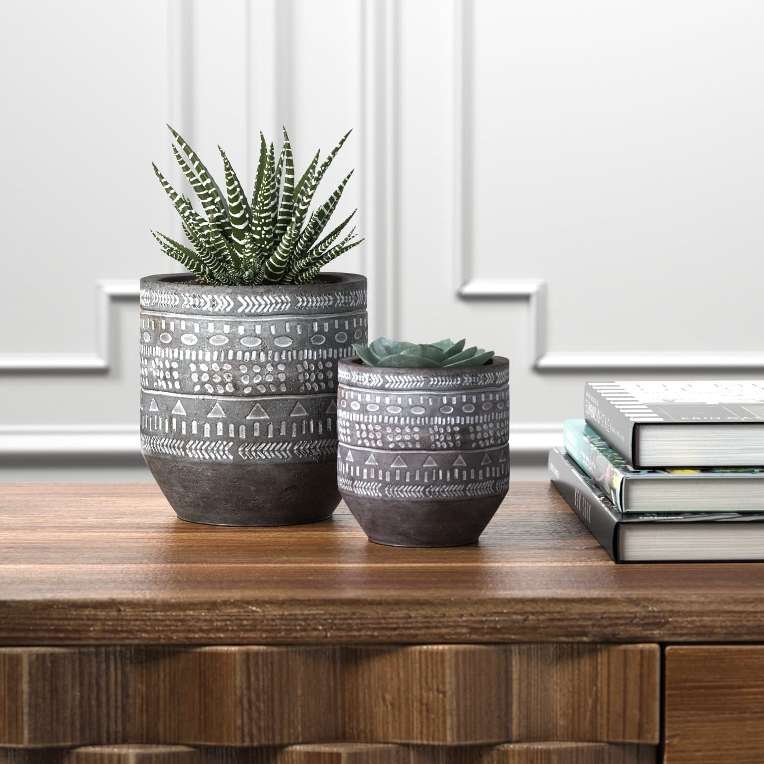 Amazon Brand – Rivet Modern Concrete Indoor Outdoor Planter Pot With Painted Accents - 5 Inch, Grey and White