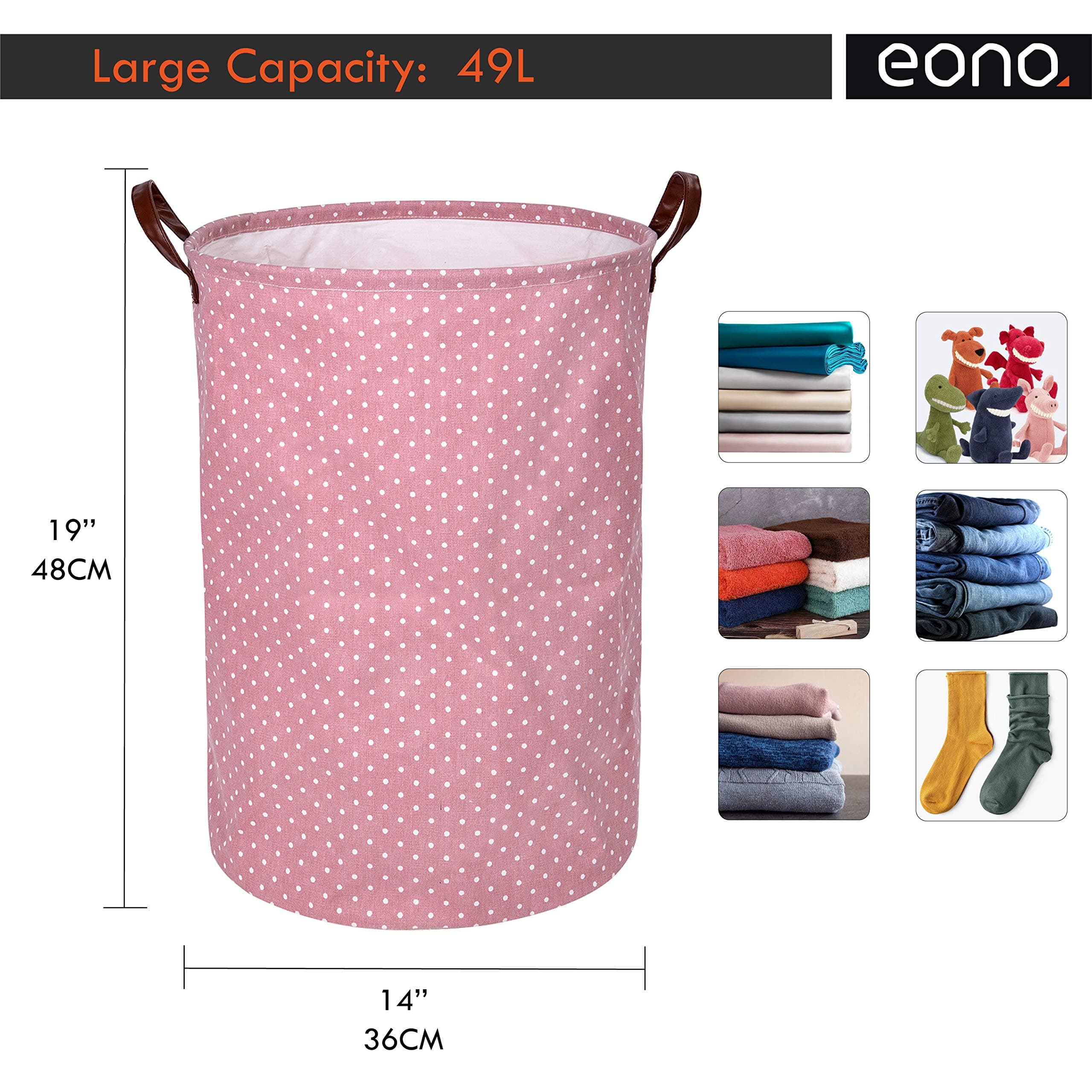 Eono Amazon Brand 19-Inches Thickened Large Laundry Basket with Durable Leather Handle, Drawstring Waterproof Round Cotton Linen Collapsible Storage Basket (Pink, L)