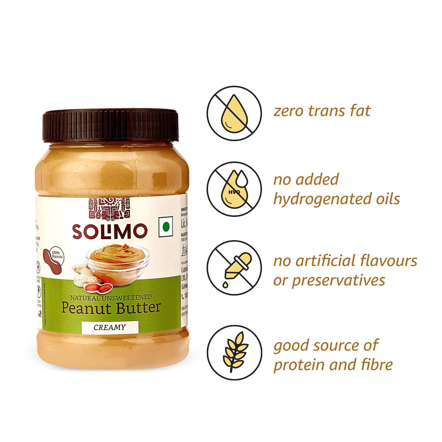 Amazon Brand - Solimo Natural Unsweetened Peanut Butter, Creamy
